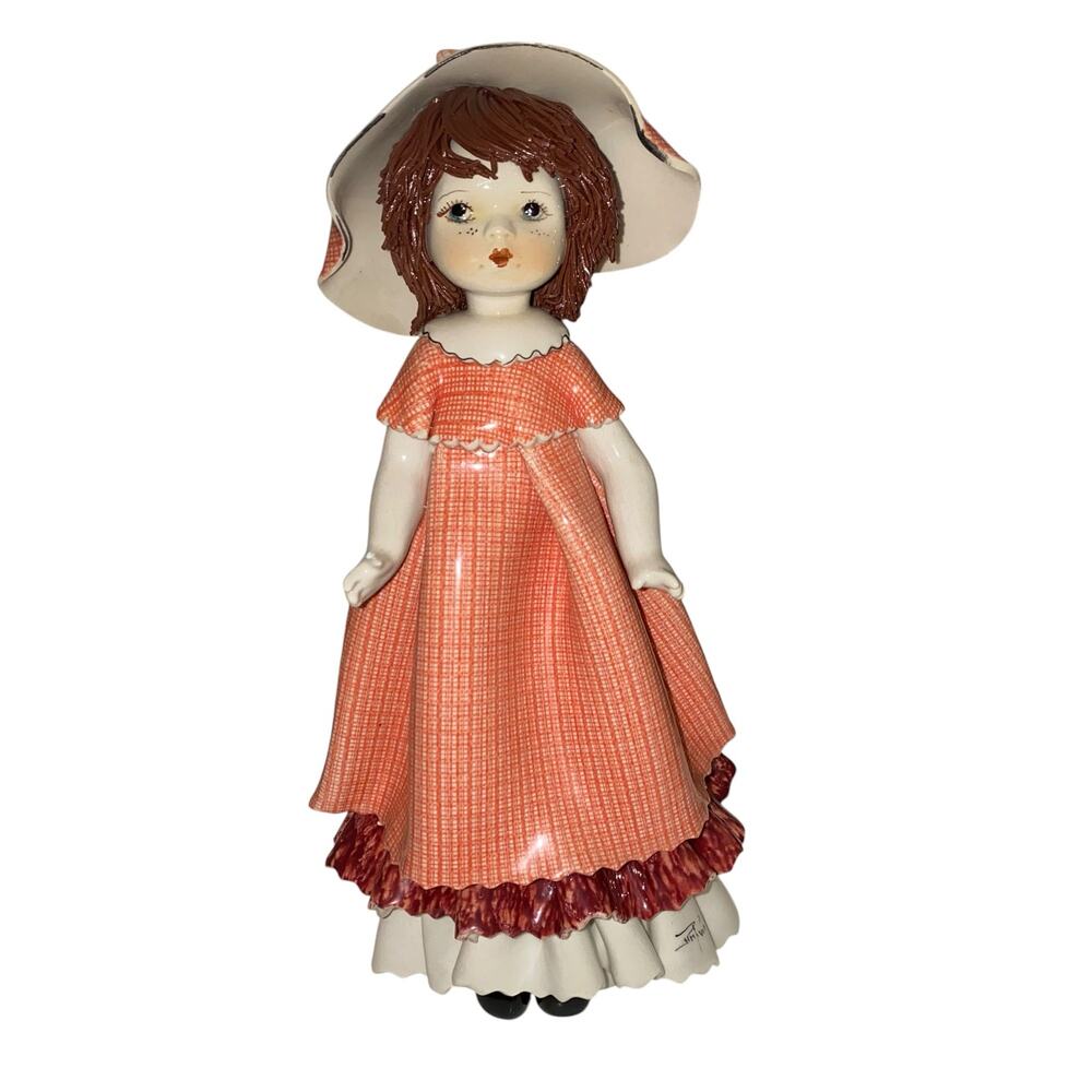 Signed Lino Zampiva Porcelain Doll Figurine Italy Spaghetti Hair - Orange Dress